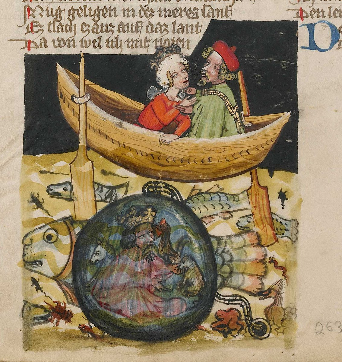 Alexander the Great - Submariner extraordinaire!Beneath the surface of the ocean, Alexander the Great sits in a glass bathysphere, raising his eyes to the couple above. Sitting in a boat, Alexander's mistress and her new suitor make eyes at each other and hold hands.... 1/4