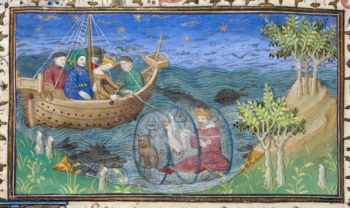 He had himself lowered into the water in a glass diving bell, taking with him three creatures: a dog, a cat, and a cock. Alexander entrusted his most loyal mistress with looking after the chain that pulled the bell up to the surface. [BL, MS Royal 20 B XX, f. 77v]  3/4