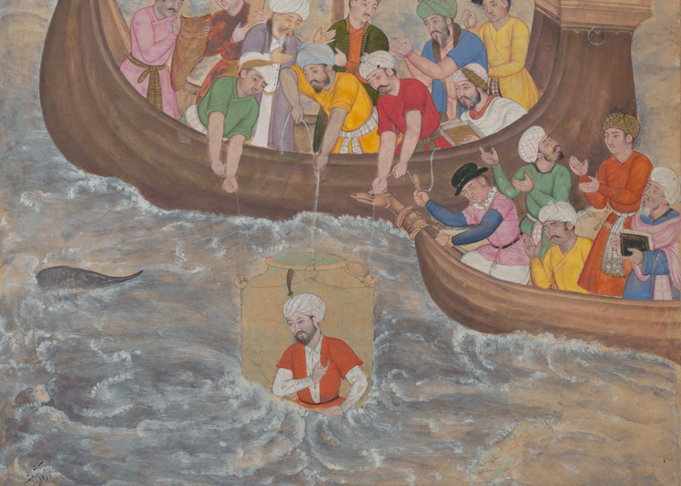 Different versions of the story had wide currency across medieval Europe - and beyond. In this Persian version Alexander is being lowered into the sea in a glass diving bell - while underwater, he will receive a visit from an angel who foretells his death. https://www.metmuseum.org/art/collection/search/446561