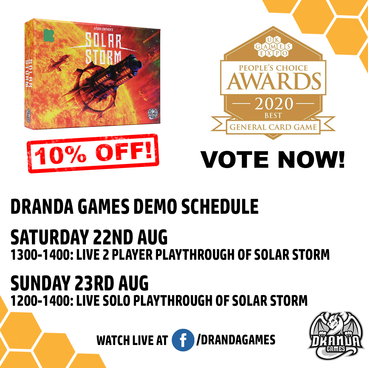 DrandaGames's tweet image. Dranda Games is at the Virtual Expo!

Our Stand: ukgamesexpo.co.uk/virtually-expo…

Here are our plans for the weekend:
10% off .
Playable versions on TT, TTS, BGA*.
Demos all weekend
We need your votes in the UK Games Expo Awards! ukgamesexpo.co.uk/whats-on/show/…

#Virtuallyexpo #UKGE2020 #UKGE