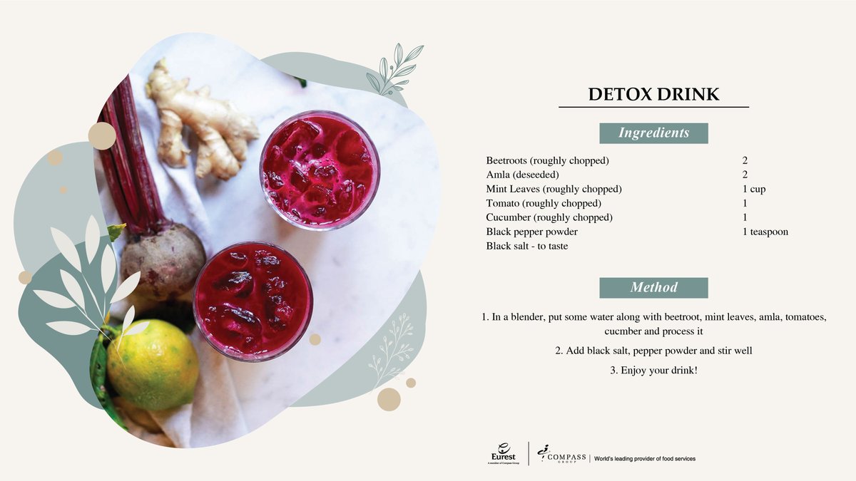compassgroupind's tweet photo. Detoxify with this healthy drink

#detoxification #health #healthydrink #beetroot #cucumber #detoxdrink #healthyweekends #detoxifying #detoxifyingyourbody #gooddrink #powerofdetox https://t.co/kwkKwFGB7g