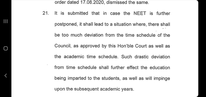 NidhiTanejaa's tweet photo. #NEET2020 CANNOT Be postponed further: Medical Council of India files affidavit in Supreme Court, submits that it is not possible to arrange any examination Centres outside India. https://t.co/KhGaeNBwpa