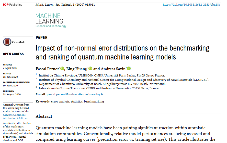 Machine Learning: Science and Technology (@mlstjournal) on Twitter photo A great article by Pascal Pernot, Bing Huang and Andreas Savin <a href="/nccr_marvel/">NCCR-MARVEL</a> <a href="/CNRS/">CNRS 🌍</a> <a href="/ScienceSorbonne/">Faculté des Sciences de Sorbonne Université</a> <a href="/UnivParisSaclay/">Université Paris-Saclay</a> <a href="/UniBasel/">Universität Basel</a> - Impact of non-normal error distributions on the benchmarking and ranking of #quantum #machinelearning models - bit.ly/2EfGv4J #compchem A great article by Pascal Pernot, Bing Huang and Andreas Savin <a href="/nccr_marvel/">NCCR-MARVEL</a> <a href="/CNRS/">CNRS 🌍</a> <a href="/ScienceSorbonne/">Faculté des Sciences de Sorbonne Université</a> <a href="/UnivParisSaclay/">Université Paris-Saclay</a> <a href="/UniBasel/">Universität Basel</a> - Impact of non-normal error distributions on the benchmarking and ranking of #quantum #machinelearning models - bit.ly/2EfGv4J #compchem