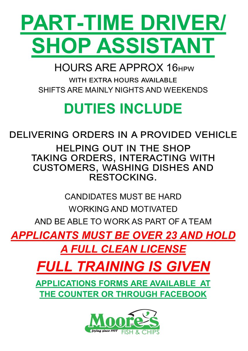 Mooreschippy's tweet photo. PART-TIME DRIVER/SHOP ASSISTANT

Hours Approx 16hpw 
with extra hours available
SHIFTS MAINLY NIGHTS AND WEEKENDS
  
CANDIDATES MUST BE 
HARD WORKING AND MOTIVATED 
ABLE TO WORK AS PART OF A TEAM
APPLICANTS MUST BE OVER 23 AND HOLD A FULL CLEAN LICENSE https://t.co/VcOAfFX2H2