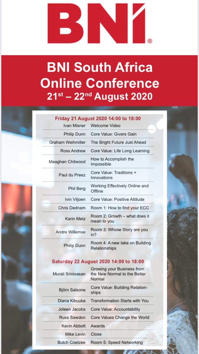 It is day two of the <a href="/BNISouthAfrica/">BNI South Africa</a> Online Conference. You can still be part of this historic event by booking your ticket through <a href="/QuicketSA/">Quicket South Africa</a>: qkt.io/6O8MgJ.

#BNIJHB #BNIConference2020 #GrowingForwardTogether