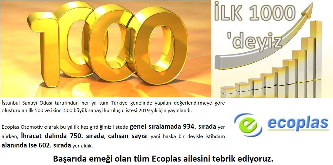 İstanbul Sanayi Odası ikinci 500 büyük sanayi kuruluşu listesinde yer aldık.  Genel sıralamada 934. sırada, İhracat dalında 750. sırada, çalışan sayısı yani başka bir deyişle istihdam alanında ise 602. sırada yer aldık.
Başarıda emeği olan tüm Ecoplas ailesini tebrik ediyoruz.