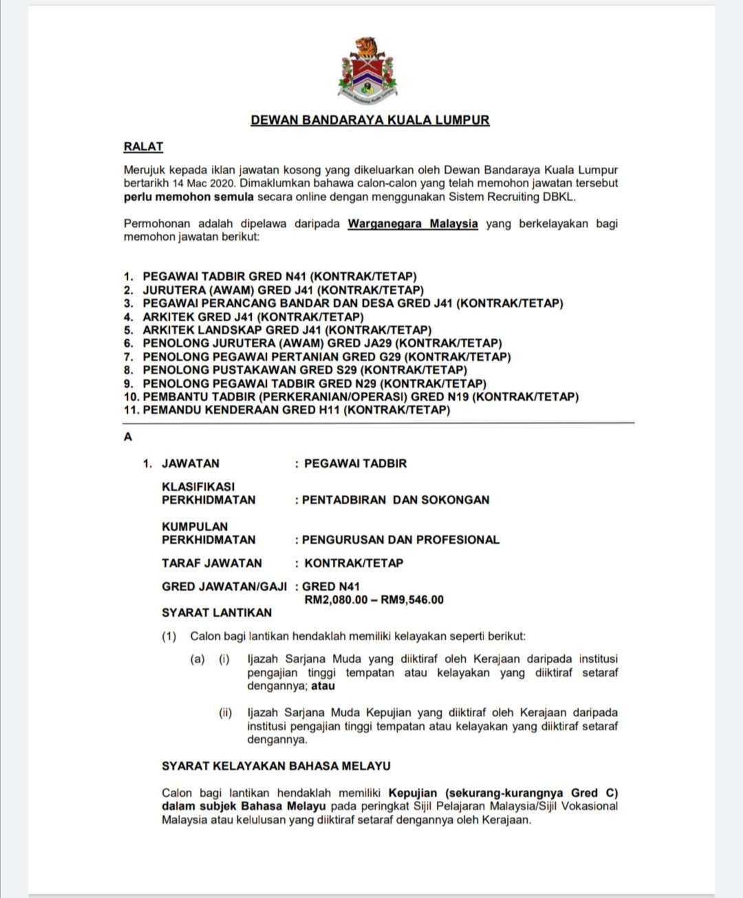 Oh Kerja Kosong On Twitter Dbkl 1 Pegawai Tadbir Gred N41 Kontrak Tetap 2 Jurutera Awam Gred J41 Kontrak Tetap 3 Pegawai Perancang Bandar Dan Desa Gred J41 Kontrak Tetap 4 Arkitek Gred J41 Kontrak Tetap