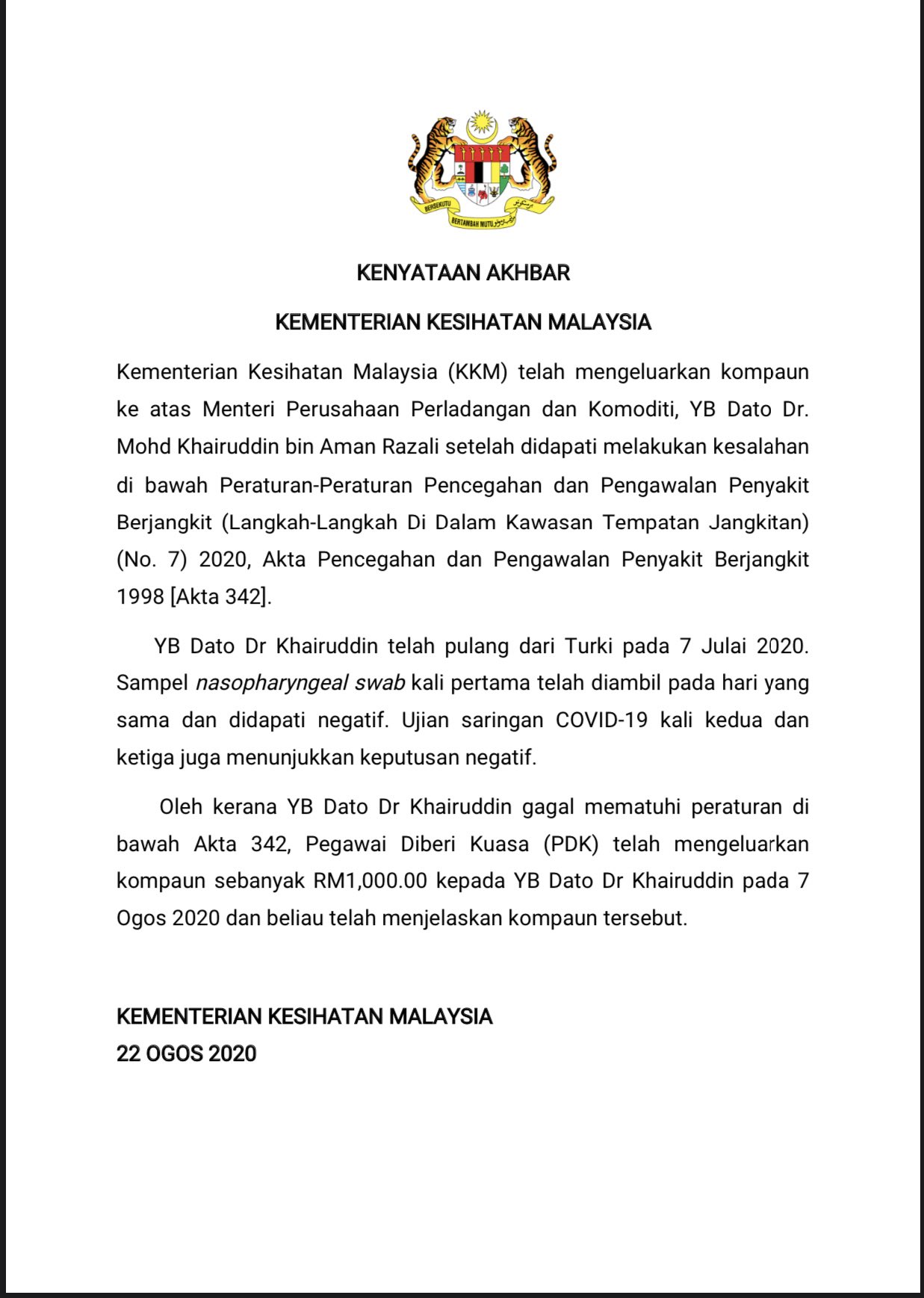 Boo Su Lyn On Twitter So Breaking Quarantine Is Considered Equal To Not Wearing A Face Mask Correctly The Sivagangga Case Was Fined Rm3k For Each Of Four Charges Of Breaking Quarantine Why