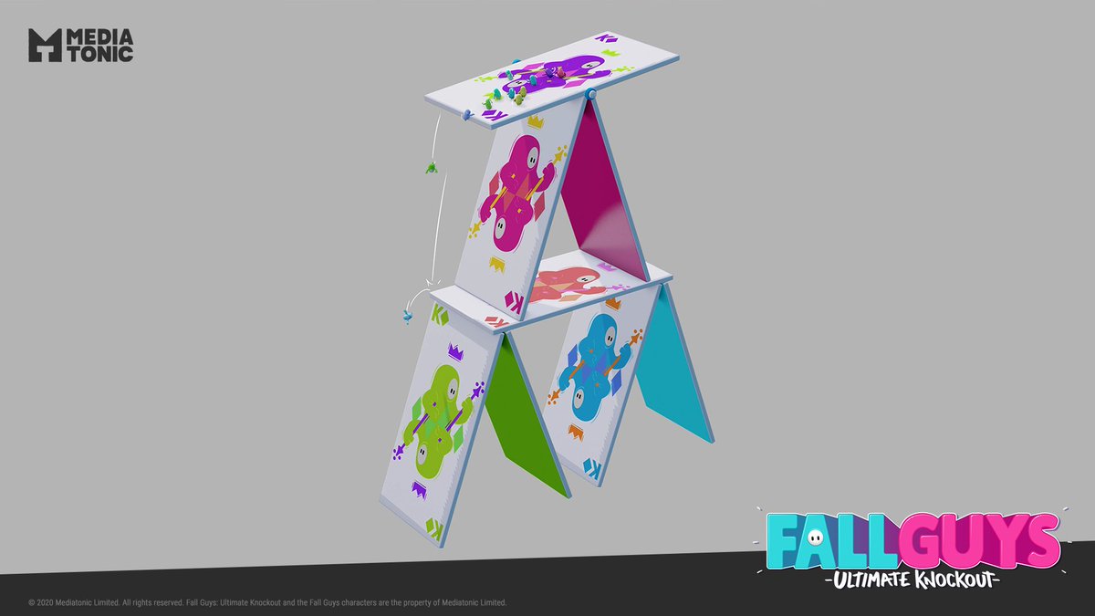 Here are some early explorations for the beloved See-Saw! I remember chatting to  @Dentist64 (Fall Guys Senior Designer) about building it out of a house of cards so we could get some funny secondary impacts when you fall off. From early on we wanted failing to feel fun!