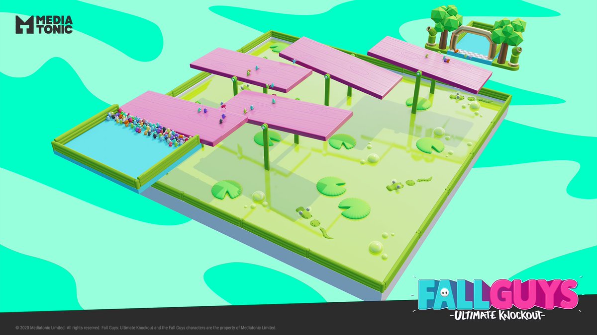 Trying out a swamp theme. I imagined players bouncing off the lily pads into the gunge. I still want to get these crocs into the game 