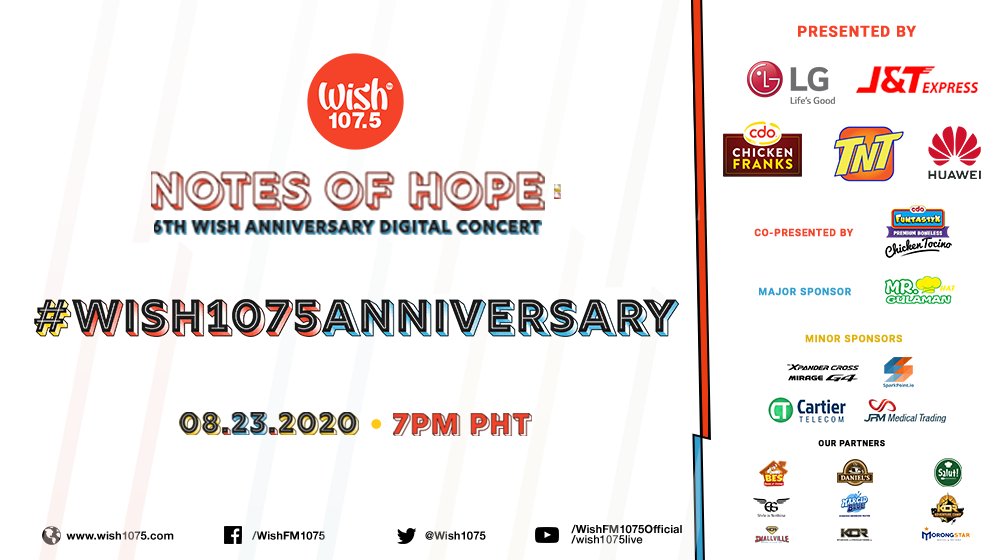 wish1075's tweet photo. Our official hashtag for tonight is: #Wish1075Anniversary

Presented by LG Philippines — Life’s Good, @jntexpressph — Express Your Online Business, CDO Chicken Franks — Enjoy Home-Style Sarap, @tntph — Tuloy-tuloy ang saya with TNT! and @HuaweiMobileph — Make It Possible. https://t.co/1QbUhZfmN0