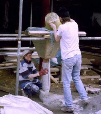 Then had to find someone to make them half width, otherwise too heavy. Then each filled by hand with a gauge to get consistent size, and laid by Steve Archbutt in cavity wall, tamped & tied to timber inner and wetted as he went along to start hardening ..3/4