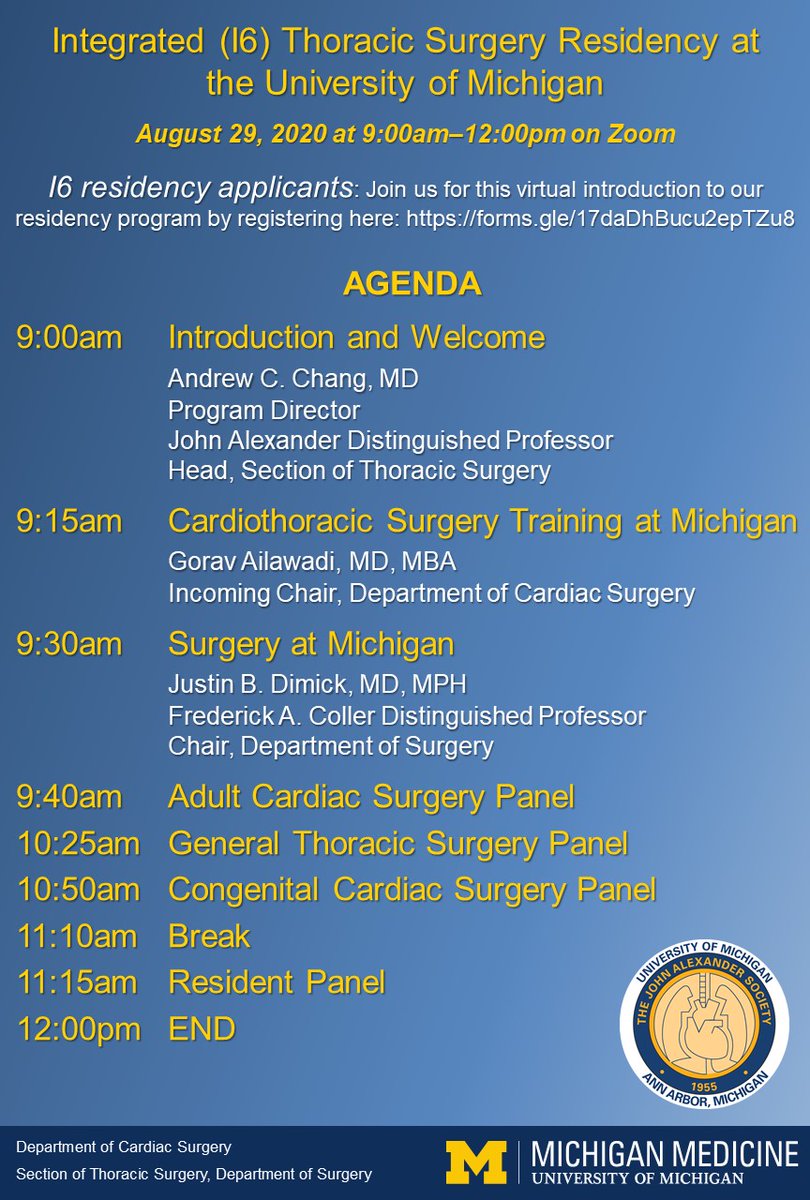 Applying to I6 programs &amp; want to learn more about ours? Join us Sat, Aug 29th 9a-12p to hear from faculty &amp; residents about what makes Michigan a great place to train! Please register to receive a link to join on Zoom: forms.gle/iFee21H8BZ6urE… #whyumichctsurgery #whyumichsurgery