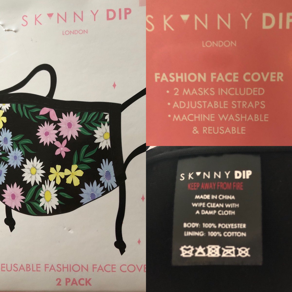 Sjculver's tweet photo. @BootsUK @SkinnydipLondon I bought your adult fit reusable fashion face cover today, to find out that they are NOT machine washable, as the packaging suggests? Thoughts? https://t.co/55gSadqJNB