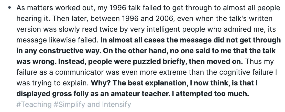 20/ Teaching is not easy, nor should it be. The best advice I've heard is "Simplify, and Intensify."Side note: Have the humility to acknowledge when you could have done something better, even when you did well.