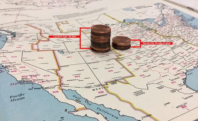 Rainmaker1973's tweet image. The edge of space and low Earth orbit to scale with a map. Stack of pennies on the right represents the Kármán line where space begins. It is 100 km high (62 mi). Left stack represents low Earth orbit, approximately 300 km (186 mi) of altitude [source: buff.ly/2tgw5rQ]