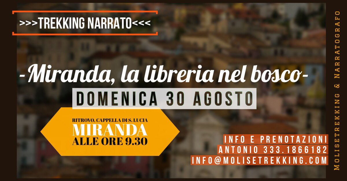 Un nuovo trekking narrato giornaliero è in arrivo.

Domenica 30 agosto ti aspettiamo per vivere assieme una giornata fra la natura, i paesaggi e i sentieri di Miranda. 

Un angolo di Molise superlativo e dai mille colori.

Vieni anche tu!