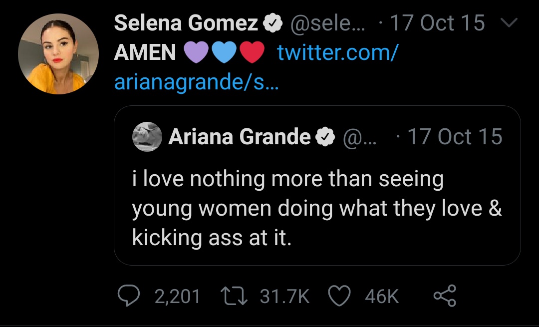 Selena supporting Ariana on Twitter.