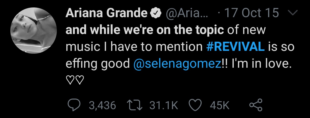 Ariana showing support to “Revival” by Selena on Twitter.