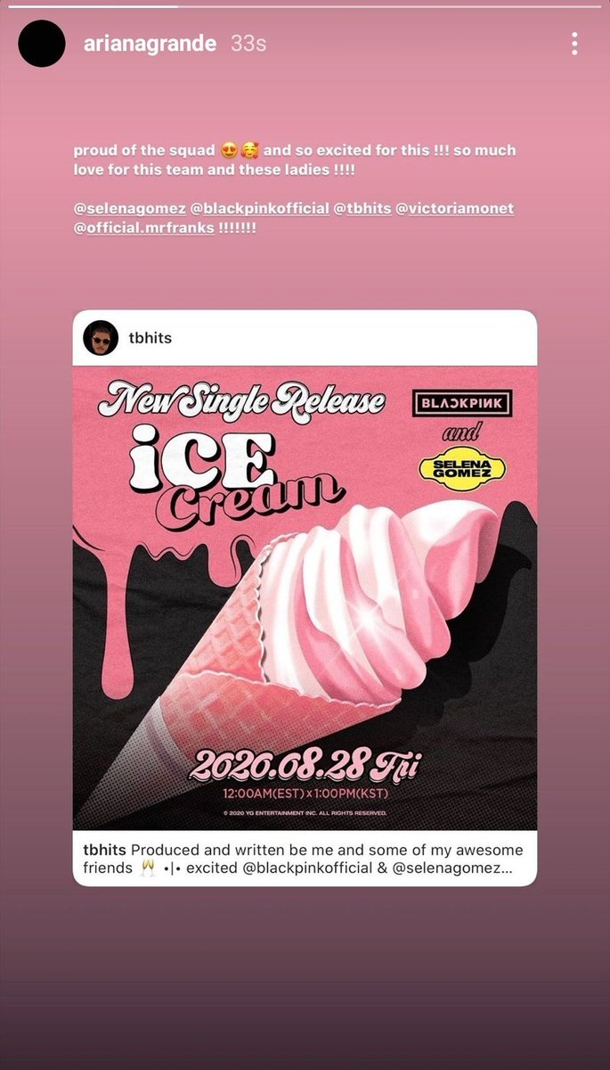 Ariana and Selena sending love to each other on Instagram Stories after working together on BLACKPINK's new single,  #IceCream   .