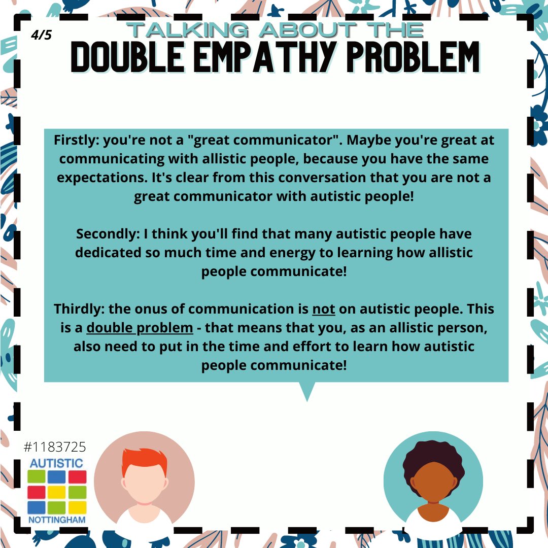 I always find pictures can explain concepts quite well. Thanks to Autistic Nottingham for posting these 5 pictures on their Facebook page that explain what “Double Empathy” means  @milton_damian 4 pictures in this post & last picture is on post underneath.