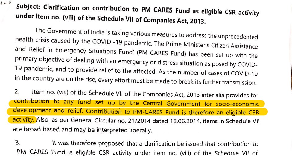 RTI reveals that to accept CSR money, Ministry of Corporate Affairs stated that  #PMCaresFund was set up by central govt. However to evade transparency, PMO says Fund is not a public authority, even though definition of ‘public authority’ under RTI includes body set up by govt 2/n
