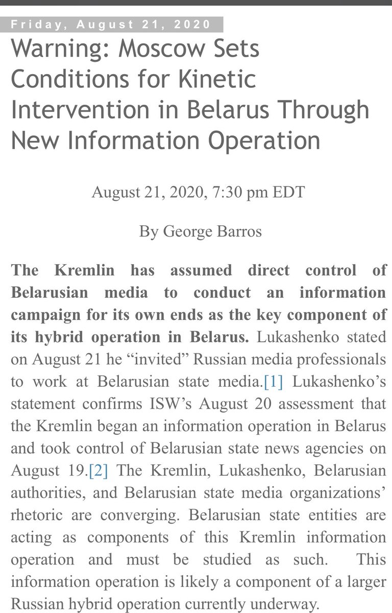 21 AUG 7:30pm EDT“Warning:  #Moscow Sets Conditions for Kinetic Intervention in  #Belarus Through New Information Operation” #Russia is now outright controlling Belarusian mediaSee here for a list of key narratives in its information operation  http://www.iswresearch.org/2020/08/warning-moscow-sets-conditions-for.html?m=1
