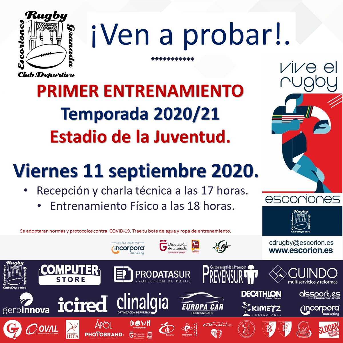 El próximo viernes día 11 de septiembre, si la situación lo permite, volveremos a los entrenamientos.
Tanto si ta formas parte del Club, como si deseas iniciarte en este deporte, seras bienvenido/a.
🏉🏉🏉📣🕔