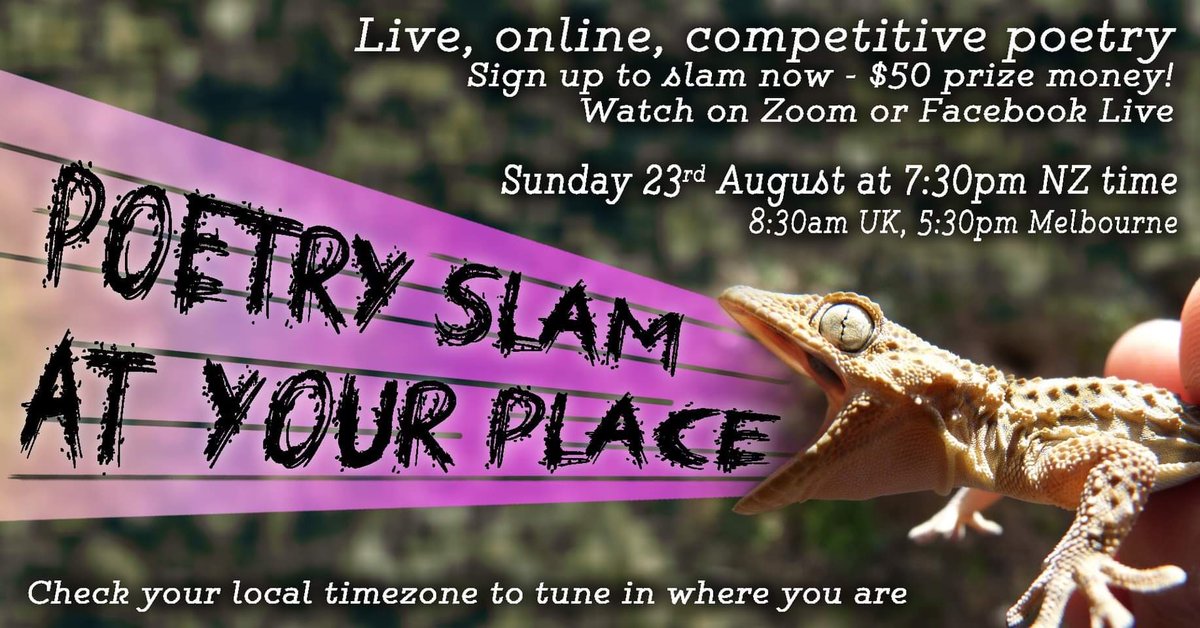 Tomorrow - Poetry Slam at Your Place! Live, online slam in New Zealand... but it’s online so open to everyone! facebook.com/events/s/poetr…