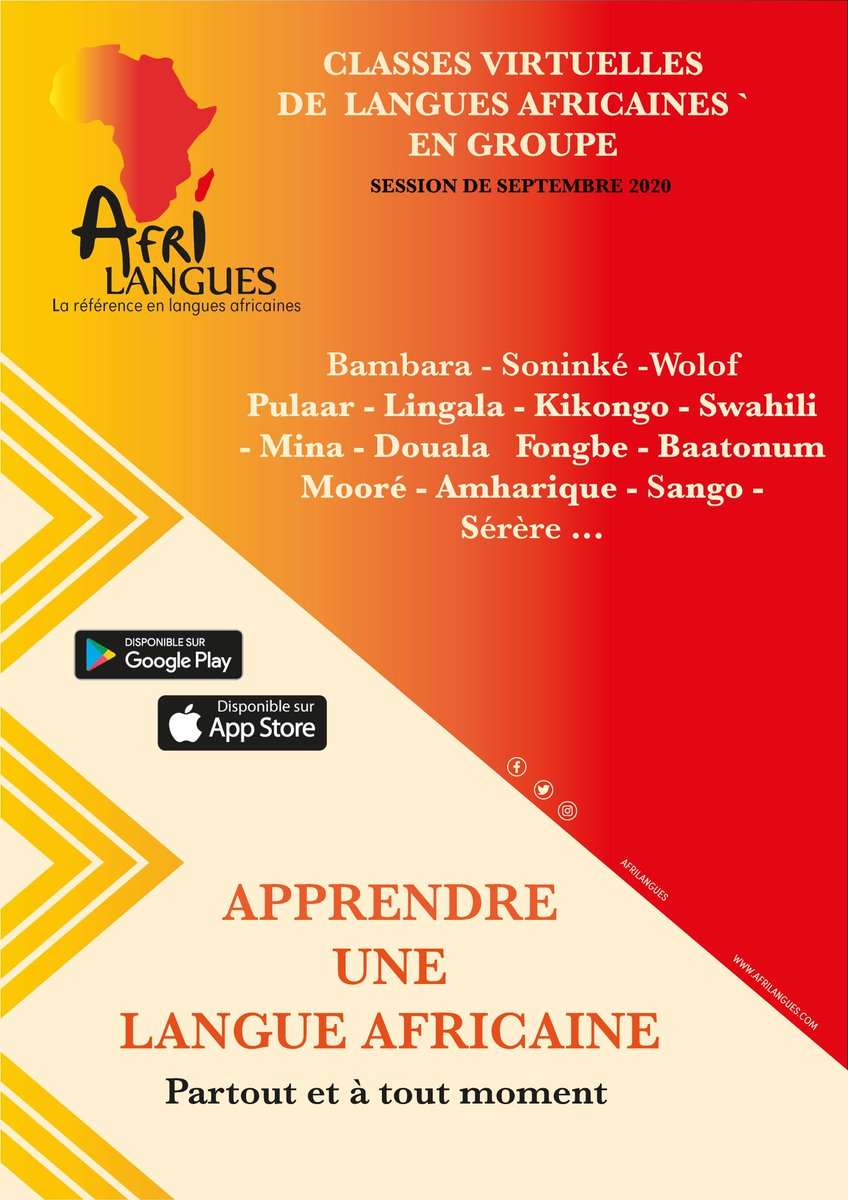 Cours de langues africaines-Septembre 2020
Vous avez pour projet d'apprendre une langue africaine à la rentrée?
Lee inscriptions sont ouvertes :afrilangues.com/inscription
#languesafricaines, #coursdebambara, #coursdewolof, #coursdesoninke, #coursdepulaar, #coursdeswahili,