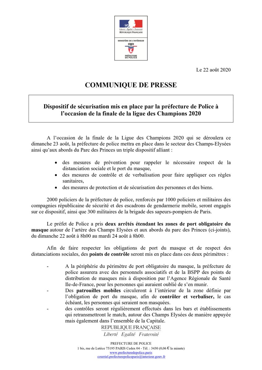 Prefecture De Police On Twitter A L Occasion De La Finale De Ligue Des Champions Qui Se Deroulera Ce Dimanche 23 Aout La Prefpolice Mettra En Place Un Dispositif Specifique Dans Le Secteur
