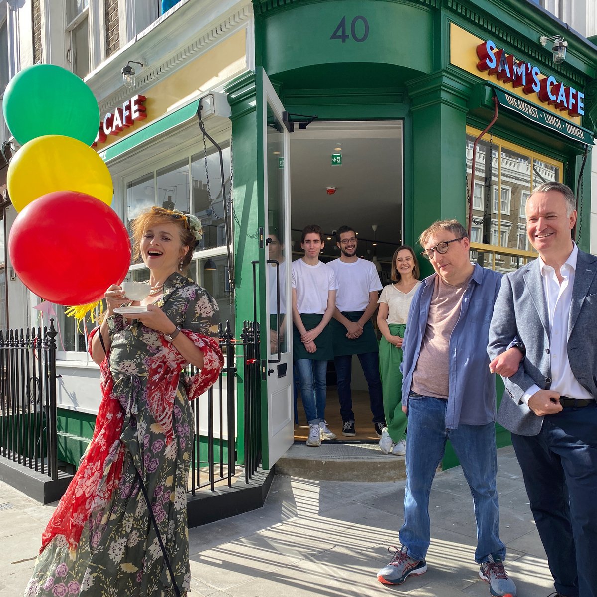 Sam’s Cafe official opening by Helena Bonham Carter. With owners  Sam Frears & Andrew O’Hagen, Lindsey Milligan and team. Open to the public from Thursday 27 August #PrimroseHill #HelenaBonhamCarter #SamsCafe  samscafeprimrosehill.com