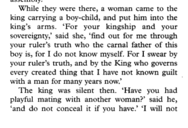 Here's a AMAZING 12th-century Middle Irish story about lesbians accidentally having a baby. A woman asked the king to determine her baby's father, bc she hadn't sex with a man in a long time. The king asked if she'd had sex with a woman. The woman said yes.  #MedievalTwitter