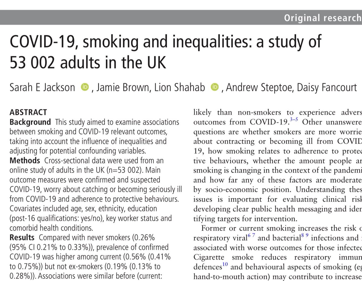 Our new paper in  @TC_BMJ examines associations between smoking and COVID-19 relevant outcomes, taking into account the influence of inequalities and adjusting for potential confounding variables. https://tobaccocontrol.bmj.com/content/early/2020/08/20/tobaccocontrol-2020-055933.full?ijkey=jYy4dIRdJpnxKAM&keytype=ref1/6