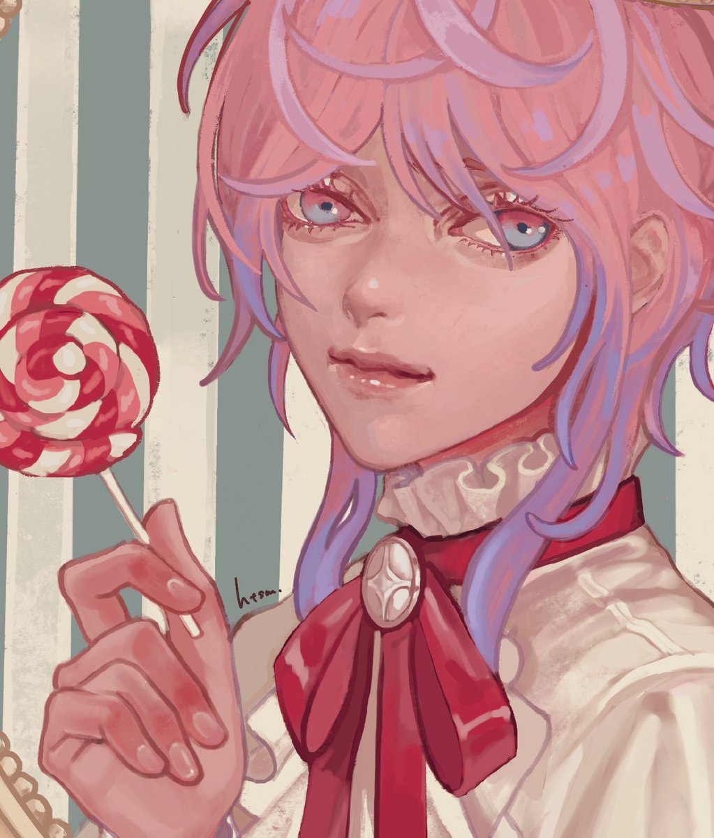 candy food lollipop pink hair solo 1boy male focus  illustration images