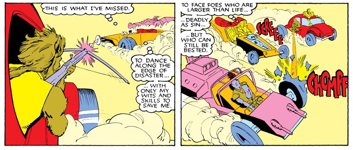 Kurt’s ability to humiliate Arcade and “get the girl” legitimates his Errol Flynn-inspired masculine fantasies. More generally, it legitimates his theatrical approach to life; in the gamified reality of Murderworld, Kurt’s heroic performance is satisfying and successful.