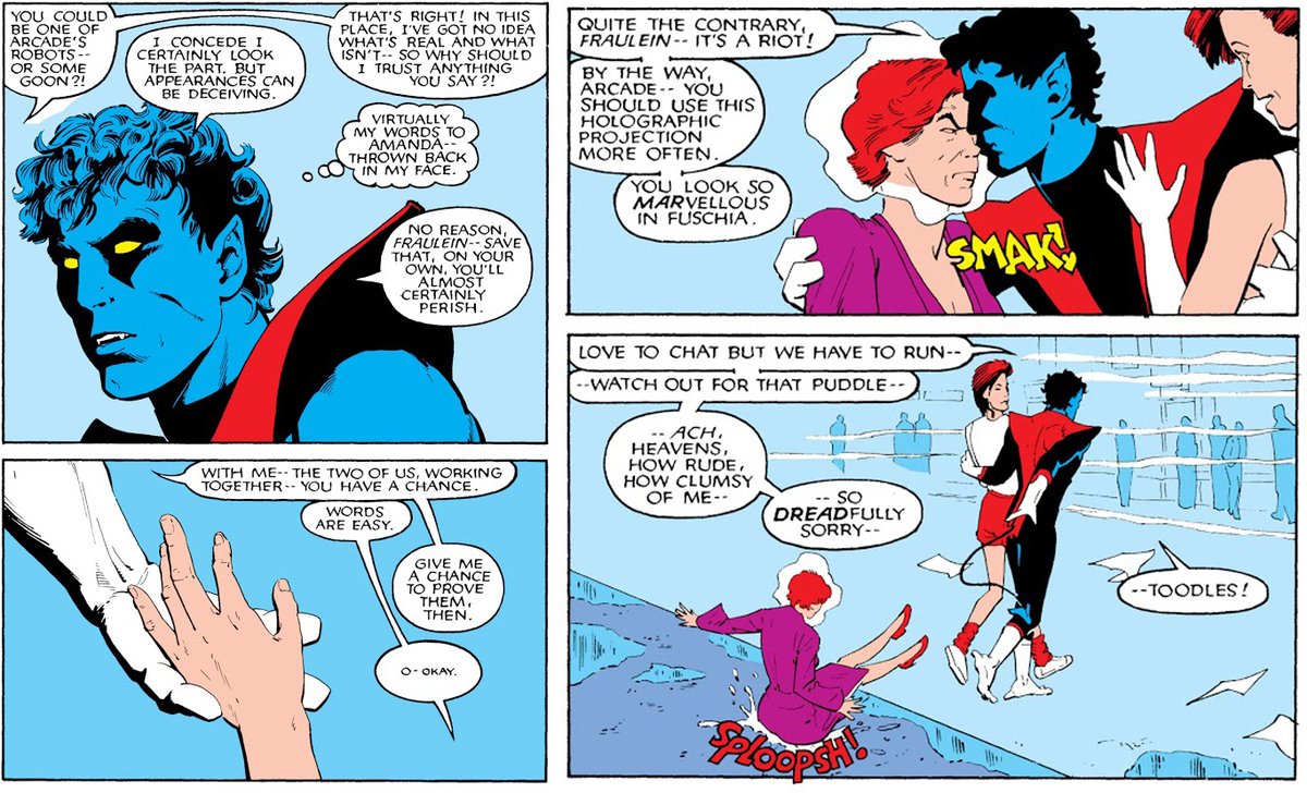 Yet aspects of Kurt’s gender performance are queered. Kurt doesn’t kiss the princess, but does joyfully kiss a holographic Arcade in female drag. Kurt also equates himself with the princess, recognizing her fear of Murderworld as similar to his fear of the Beyonder.