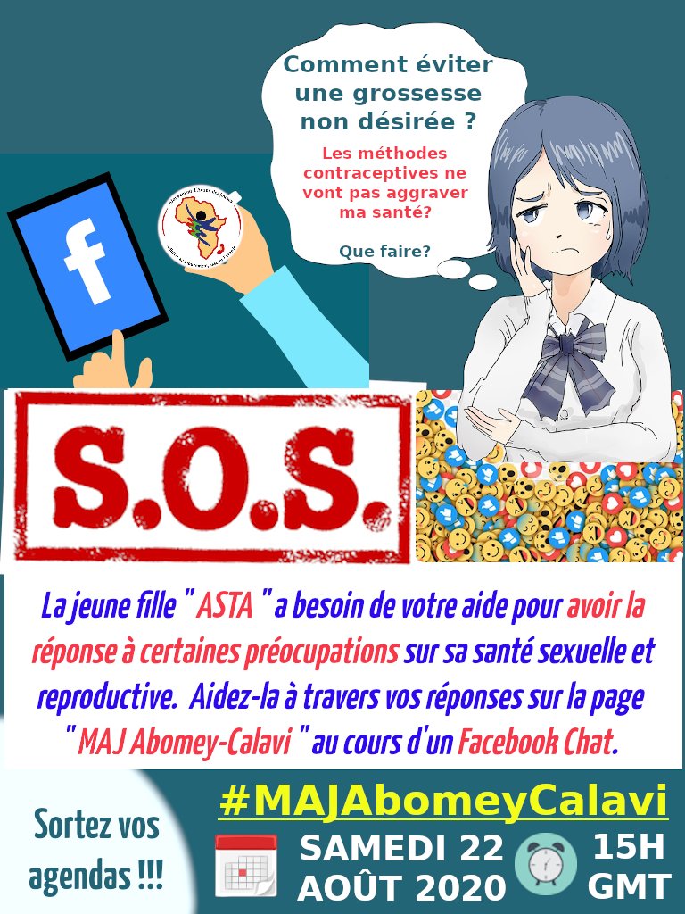 Hello cher(e)s ami(e)s . Aidez nous à répondre aux préoccupations de la jeune Asta ce après midi ( 15h GMT) sur notre page Facebook 😇
Cc <a href="/MAJBenin/">MAJ Benin</a>  @ABPFIPPF <a href="/IPPFAR/">IPPFAR</a> <a href="/wasexo/">Wa sé xo</a> @FP2020Global <a href="/POuagaPF/">Partenariat de Ouaga</a> <a href="/yamafrica/">YAM/MAJ</a>
