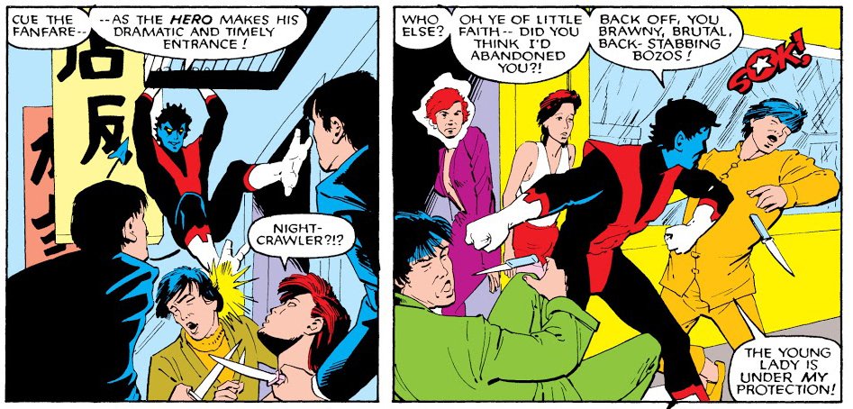 From the balcony, Kurt spies an abduction by the villain Arcade. He busts into Arcade’s Murderworld, where he has an adventure perfectly suited to his skills and fantasies; it features guiltless violence and revolves around saving a beautiful (albeit decidedly modern) princess.