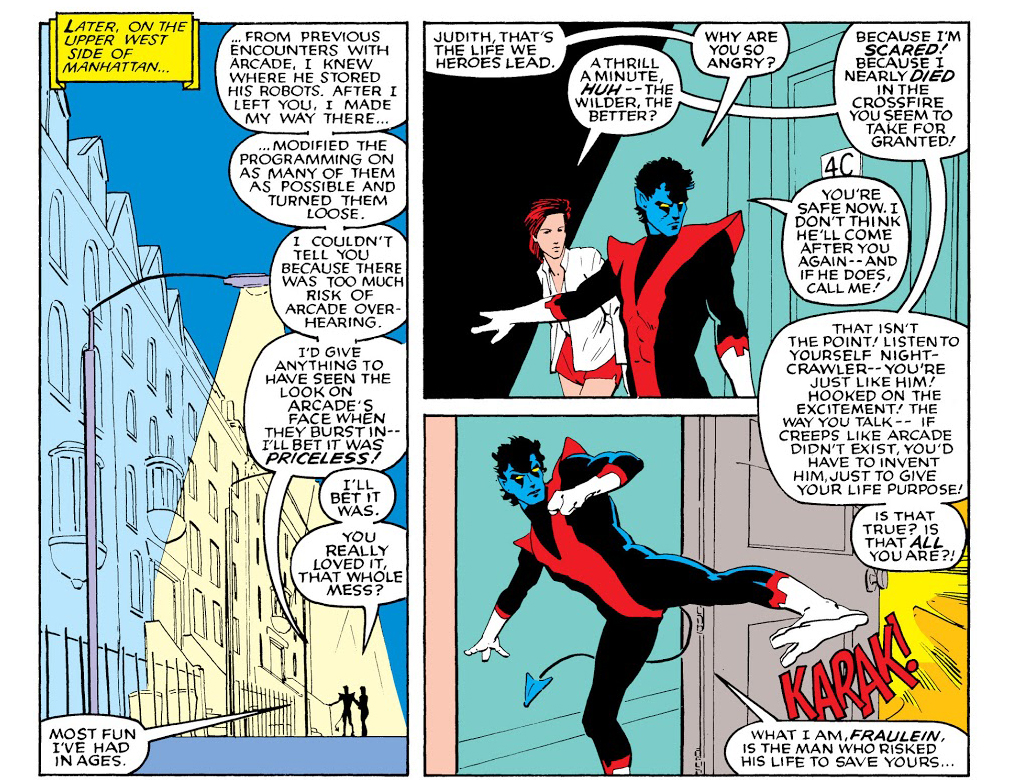 UXM #204 doesn’t resolve Kurt’s contradictions. It ends with him sidestepping the accusation he’s a reality-avoiding thrill-seeker, no better than Arcade. It also foreshadows Kurt’s departure from the increasingly grim world of the X-Men; he’ll be gravely wounded 7 issues later.