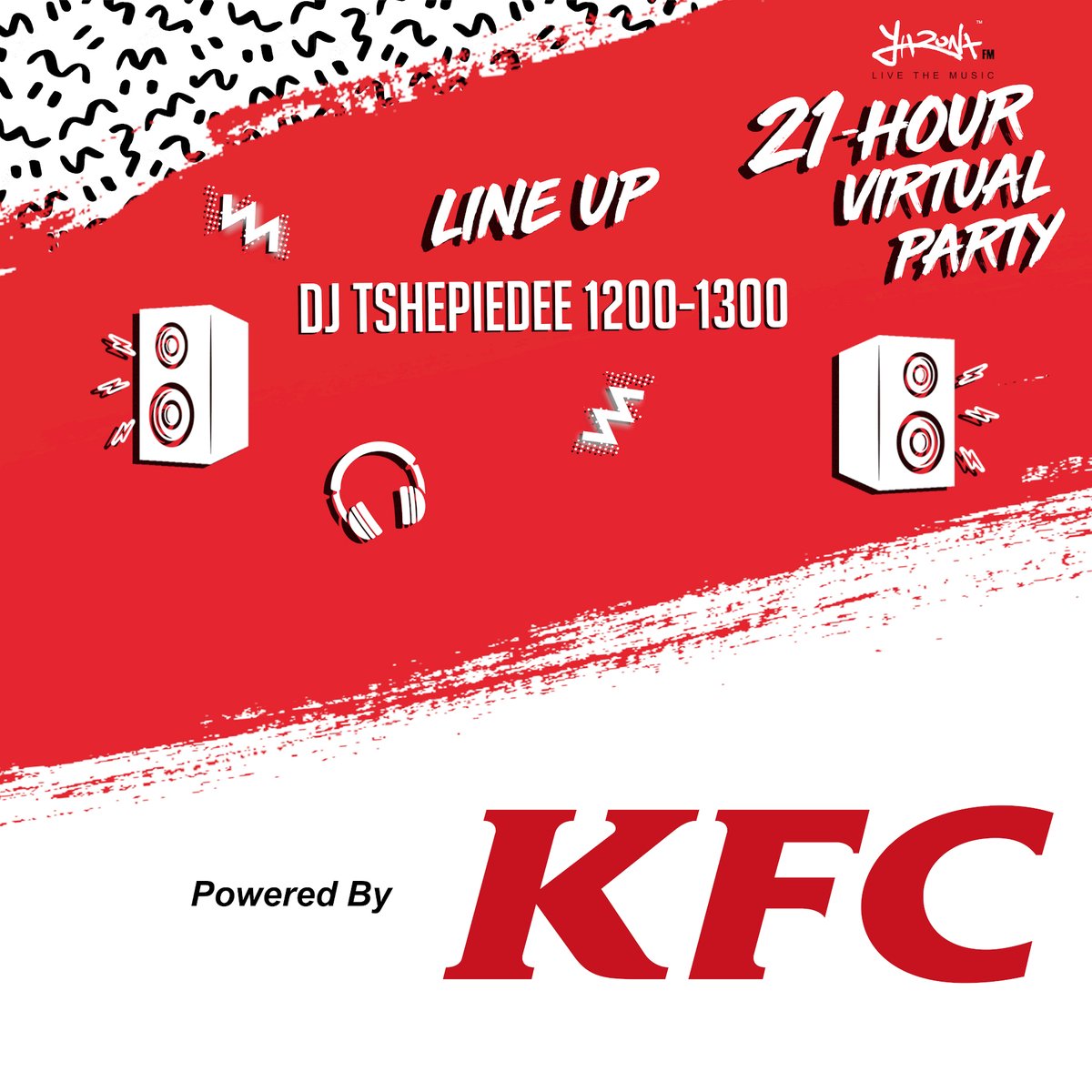 yaronafm's tweet photo. #21years #21djs #21HourVirtualParty

WATCH LIVE: https://t.co/7ew4RKskKX

ON THE DECKS: @tshepiedee 1200-1300hrs 🥳🥳 powered by @KFC_Botswana 

RETWEET and stand a chance to win a @KFC_Botswana hamper https://t.co/NvAndr3LUx