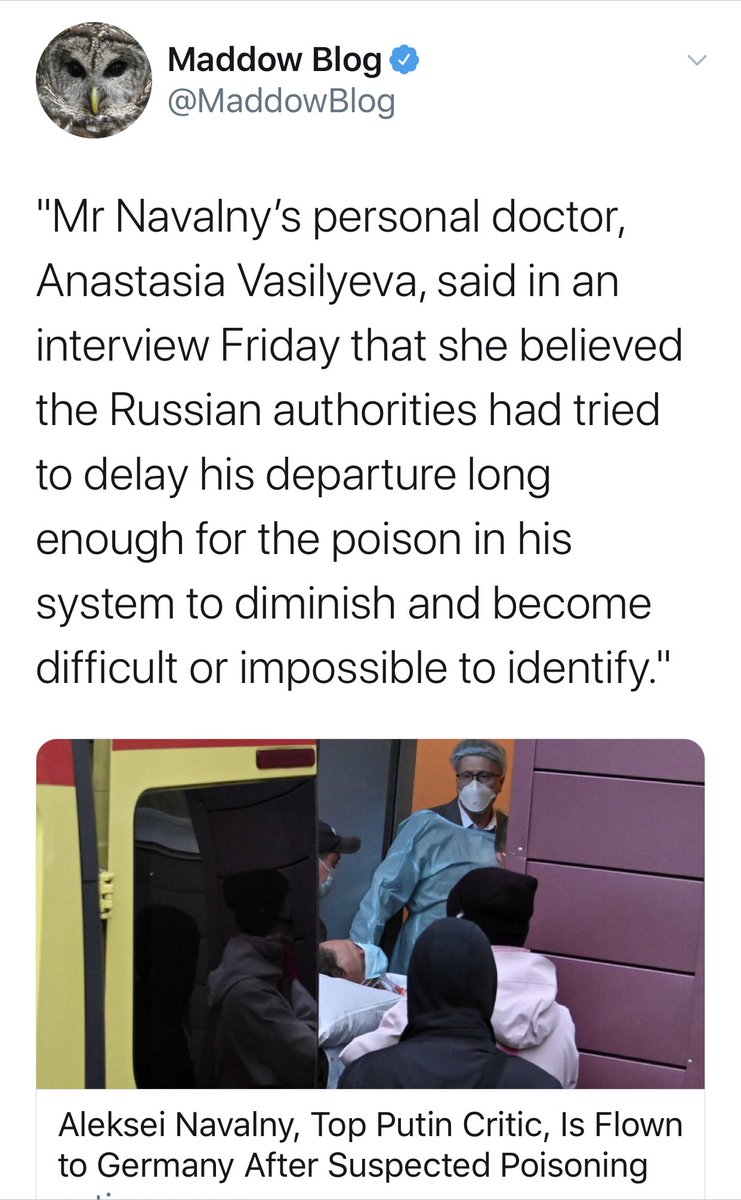 Update: thanks for that,  @Maddow Funny, “poison diminishing” and becoming “impossible to identify” doesn’t seem very compatible with “fighting for his life”“In a coma” and “on a ventilator”.Nor was this an issue with the Skripals, Dawn Sturgess or Litvinenko