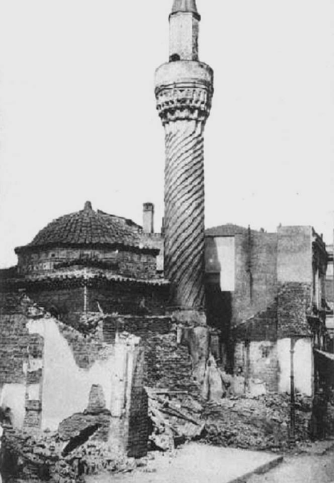 "........as it is known, there is the right to benefit from the materials (rubbles and stones) of the demolished minarets. The only minaret that will not be demolished (Thessaloniki Hortaca Mosque) is the Saint George Minaret.""Makedonia" Newspaper 13 August 1925. Page 3.