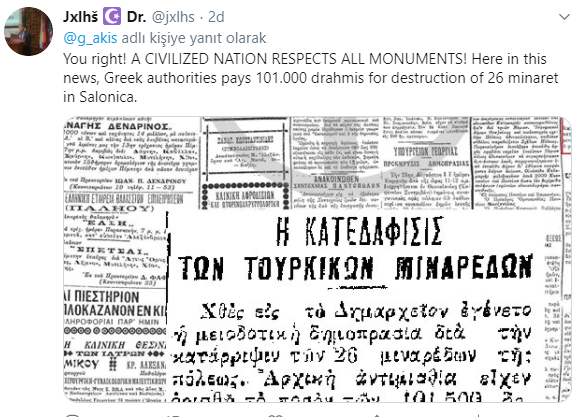 Some Greeks say,"a truly civilized nation respects all monuments". We sent him the scrapbook containing the tender notice of 26 minarets in Salonica, which were demolished by the municipality with a tender announcement in 1924. Tell me where are our 26 minarets? #ChoraChurch