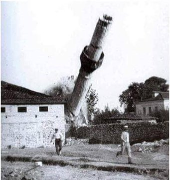 "........as it is known, there is the right to benefit from the materials (rubbles and stones) of the demolished minarets. The only minaret that will not be demolished (Thessaloniki Hortaca Mosque) is the Saint George Minaret.""Makedonia" Newspaper 13 August 1925. Page 3.