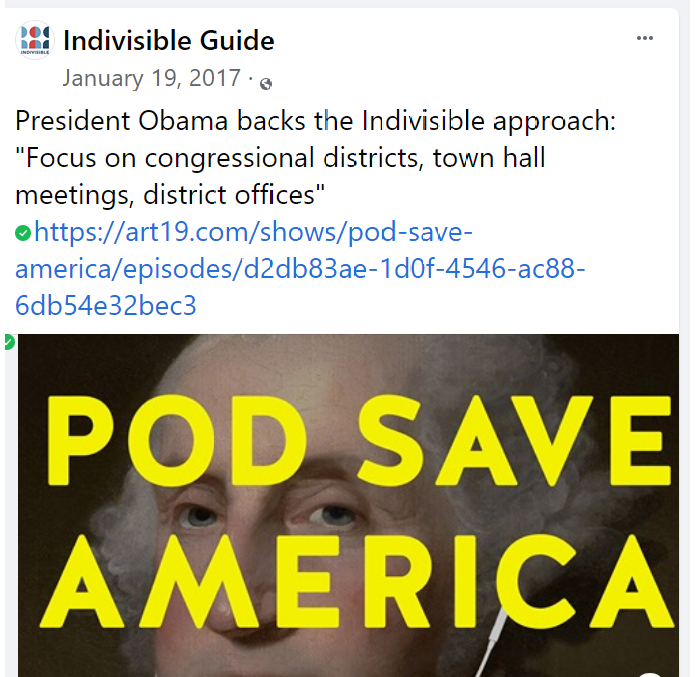 Also, Obama did a podcast with Indivisible right before Trumps Inauguration. Its pinned on their Guides Facebook page. https://www.facebook.com/indivisibleguide/posts/president-obama-backs-the-indivisible-approach-focus-on-congressional-districts-/207824516348092/