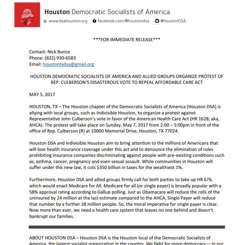 More dots to connect here... The Democratic Socialists of America of Houston and Indivisible joined forces May 5, 2017.Now wait a minute, didn't I already connect DSA and Antifa? It gets better... https://houstondsa.org/wp-content/uploads/2017/05/DSA_PR_170505_FINAL.pdf
