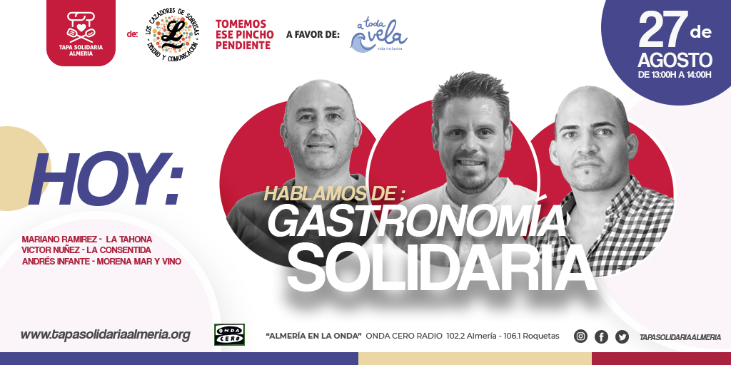 Ey!.A la 1⃣,quedamos en <a href="/OndaCeroAlmeria/">Onda Cero Almería</a>!🙋‍♂️📻
Vamos pidiendo vieira,montadito cubano y tallarines confitados.Cortesía de #latahona #laconsentida y #morenamaryvino.😋
Como para perdérselo! Es nuestra última cita!😊
<a href="/aytoalm/">Ayuntamiento de Almería</a> <a href="/dipalme/">DIANA P. ALDANA</a> <a href="/Cajamar/">Grupo Cajamar</a> <a href="/pan_hidalgo/">Pan Hidalgo</a> y colaboradores