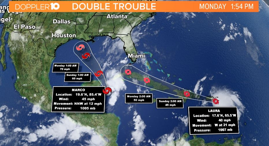 Waking up to two Tropical Storms heading toward the Gulf of Mexico. Laura continue to impact the Caribbean this weekend while Marco pushes past the Yucatan Peninsula by Sunday.