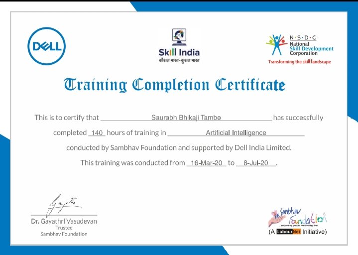 saurabh_tambe_'s tweet image. Successfully completed training on Machine Learning offered as part of Dell CSR..
Thanks to @Dell @labournet @NSDCINDIA  for such a great learning opportunity.
Happy Learning!!
#Dell #ML #AI #DataScience
#DellCSR #NSDCIndia